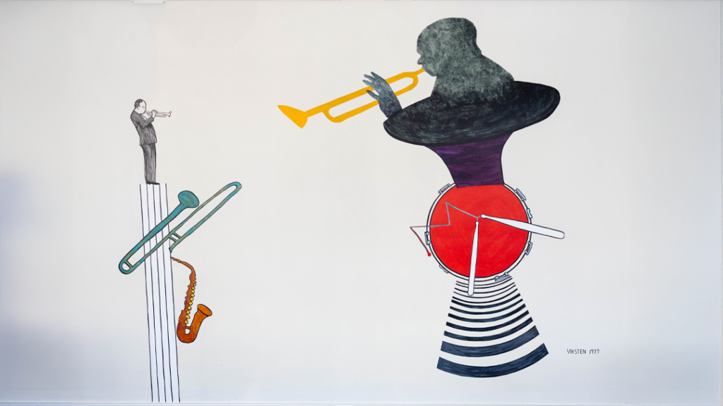 Playful mural in the foyer of Berwaldhallen where jazz is personified by a golden trumpet-playing Louis Armstrong emerging from a trumpet funnel, which is balancing on a red drum, and a bebop trumpeter in a pinstripe suit standing on a pedestal of vertical musical notes. From the notes dangle a trombone and a saxophone.